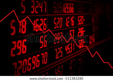 Display of red electronic board of stock market quotes with down trend graph. Recession concept