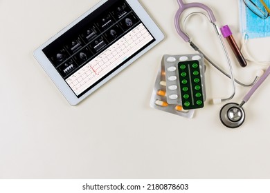 Display Screen Of View Echo Heart Transthoracic Cardiogram Ultrasound Screen Is Examining Heart On Digital Tablet The Equipment In A Clinica