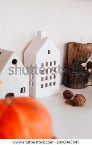 A display of small white house decorations sits on a shelf alongside a pumpkin and some nuts. This scene captures the essence of autumn with seasonal items arranged carefully.