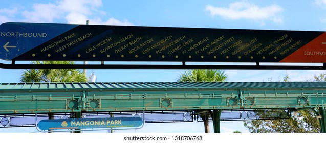 Display Of The Train Station Stops For The Tri Rail Train System - Mangonia Station In West Palm Beach, FL USA On February 15, 2019