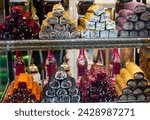 Display of Turkish sweetshop with various kinds of delicious lokum. Popular delight of Ottoman cuisine