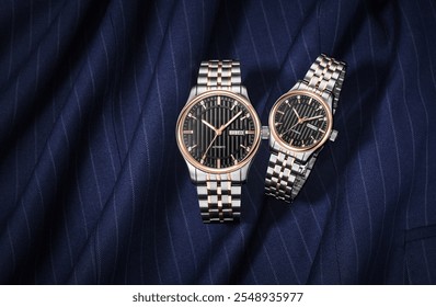 Display two men's and women's silver mechanical luxury brand wristwatch, one large and one small gold edged watch, on a navy blue business suitdiagonal suit - Powered by Shutterstock