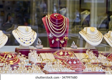 Display Of Various Jewelry In Store Window