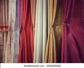 Displayed Colorful Curtain Samples In The Shop