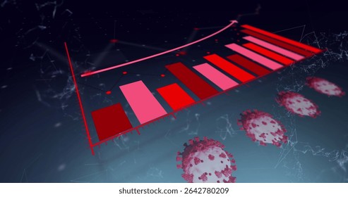 Displaying 3D bar chart rising in network mesh space, with pink arrow, data points, virus particles. Data visualization, digital graphics, infographics, data analytics, futuristic design, scientific