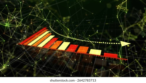 Displaying 3D bar chart showing gradient bars, curved arrow in data network with glowing grid nodes. Progress, analytics, innovation, visualization, technology, digital, futurism