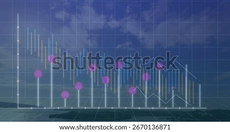 Displaying 3D chart floating above grid under cloudy sky, with candlesticks, graph, magenta markers. Financial, visualization, data, analysis, market, digital, technology