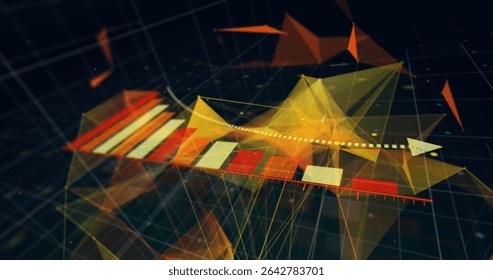 Displaying 3D chart with vertical bars, yellow-orange surfaces and dotted arrow over gridlines. Data visualization, abstract, futuristic, digital, analytics, technology, geometric