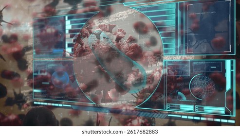 Displaying 3D coronavirus particle spinning in digital interface, with HUD frame and data panels. Technology, data visualization, cybersecurity, futuristic, scientific, immersive, virtual