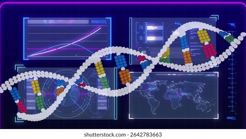 Displaying 3D DNA double helix model on research interface, with base-pair clusters and data panels. Molecular, scientific, futuristic, data visualization, digital, analytical, biotech