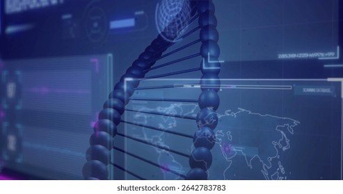 Displaying 3D DNA double helix rotating in lab interface, with data panels and world map overlay. Futuristic, technology, visualization, biotech, digital, innovation, scientific