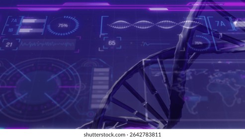 Displaying 3D DNA helix floating over neon HUD charts and world map in lab, copy space. Futuristic, technology, innovation, science, data, visualization, interface