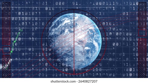 Displaying 3D Earth globe rotating on data interface, with binary code, red reticle, side UI panels. Technology, cybersecurity, data visualization, virtual interface, futuristic, innovation, digital - Powered by Shutterstock - Get 15% off with code: PIKWIZARD15