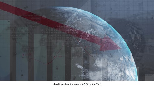 Displaying 3D Earth globe showing data trends in dashboard, with translucent bar charts, red arrow. Data visualization, analytics, financial, technology, digital interface, growth, forecasting