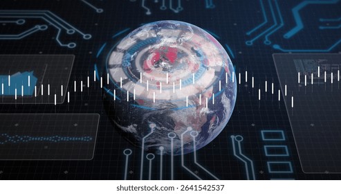 Displaying 3D Earth rippling rings on grid interface, with waveform, circuit traces, UI outlines. Futuristic, technology, data, visualization, digital, abstract, innovation - Powered by Shutterstock - Get 15% off with code: PIKWIZARD15