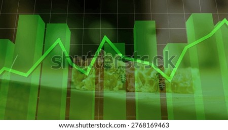Displaying 3D green bar chart and neon-green line graph over honeycomb texture in studio, with bees. Histogram, infographic, hexagon, gradient, grid, macro, abstract