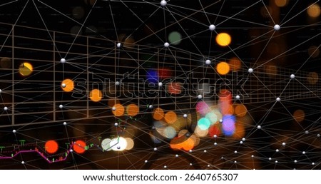 Displaying 3D grid of white nodes and thin lines on dark background, with financial line chart. Digital, technology, innovation, modern, network, connectivity, abstract