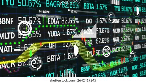 Displaying 3D ribbon line graph arrow across trading dashboard, with ticker symbols. Finance, technology, analytics, dashboard, investment, data visualization, neon