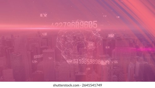 Displaying 3D wireframe head over pink-tinted urban skyline, with numeric readouts and light flares. Futuristic, data visualization, digital, technology, skyscraper, innovation, modern
