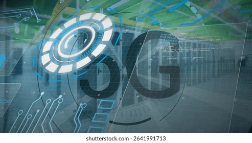 Displaying 5G logo and HUD ring graphic overlaying data center racks, with circuit traces and code. Technology, connectivity, innovation, cyber, digital, telecommunications, infrastructure