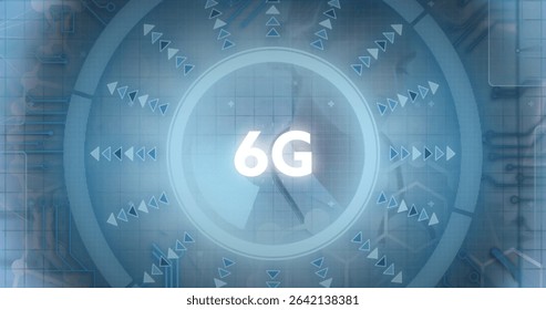 Displaying 6G holographic circular interface on grid, with radiating arrows and circuit traces. Futuristic, digital, abstract, technology, innovation, network, connectivity