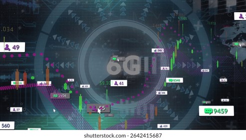 Displaying 6G network label pulsing at digital interface, with candlestick charts and user icons. Futuristic, technology, analytics, holographic, digital, networking, innovation