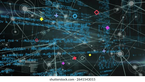 Displaying abstract digital network in data environment, with colored geometric nodes and code text. Futuristic, technological, data, connectivity, cyber, visualization, innovation