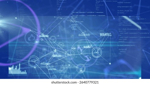 Displaying abstract network diagram on blue interface, with code snippets, nodes, and icons. Technology, connectivity, digital, data, innovation, futuristic, analytics