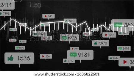 Displaying abstract visualization in dark dashboard, with white line graph and social metrics icons. Analytics, dashboard, interface, technology, data, infographics, digital