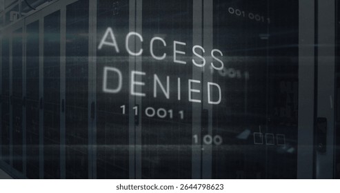 Displaying ACCESS DENIED hologram overlay in data center corridor with server racks and binary code. Technology, cybersecurity, digital, futuristic, network, data, infrastructure
