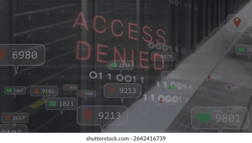 Displaying ACCESS DENIED hologram in server corridor with binary digits and pop-up notifications. Cybersecurity, data center, digital, technology, networking, protection, surveillance