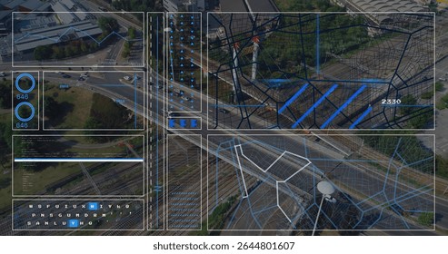 Displaying aerial highway interchange over city, highlighting ramps, vehicles and digital overlay. Urban, infrastructure, technology, logistics, transportation, futuristic, data visualization