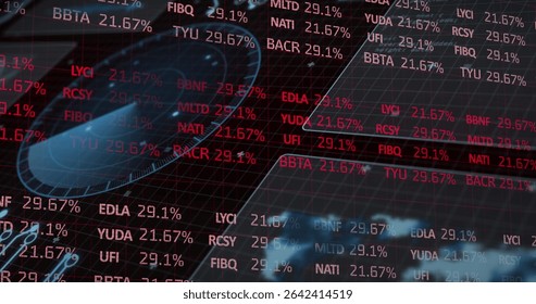 Displaying alphanumeric codes and percentage values on financial trading screen with blue circle. Technology, cybersecurity, data visualization, analytics, digital, futuristic, innovation