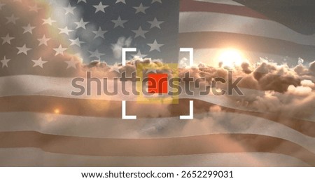 Displaying American flag over clouds in design, framing red square in white reticle with sun rays. Patriotic, digitalart, graphicdesign, symbolism, patrioticart, abstract, conceptual