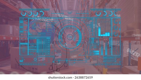Displaying AR analytics overlay in warehouse, with racks, pallets, shipping boxes with barcodes. Inventory, logistics, technology, data visualization, industry, warehouse, operation - Powered by Shutterstock - Get 15% off with code: PIKWIZARD15