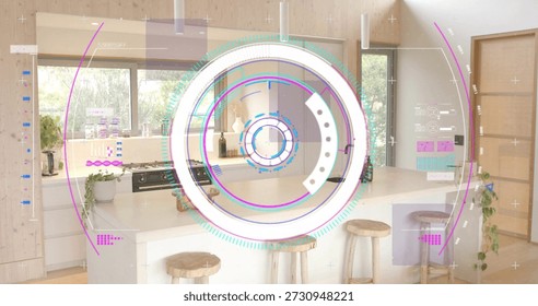 Displaying AR circular interface covering center of modern kitchen, showing island, stools, plants. Augmented, hud, overlay, rings, counter, chairs, foliage
