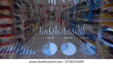 Displaying AR data overlay over grocery aisle shelves, showing charts above cart handle. Holographic, futuristic, retail, visualization, gridlines, blue, reflective