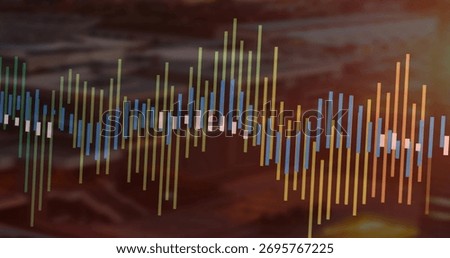 Displaying audio data waveform overlaying blurred gradient background, with colored vertical bars. Abstract, visualization, vibrant, digital, futuristic, technology, graphic