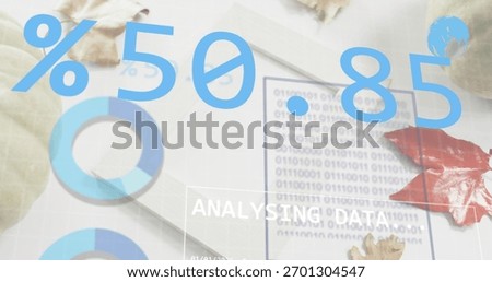 Displaying augmented data overlays on white desk with %50.85, donut charts, binary sheet, red leaf. Dataviz, analytics, dashboard, infographic, percentage, minimalist, office