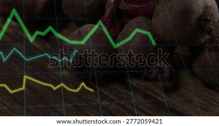 Displaying beetroots resting on rustic board, overlaying grid with green cyan yellow graphs. Rootvegetables, stilllife, produce, woodgrain, soil, analytics, editorial
