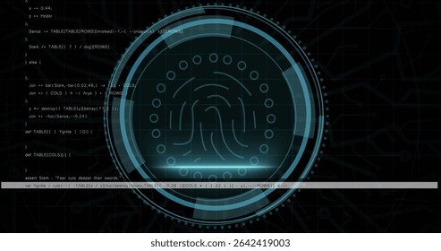 Displaying biometric fingerprint graphic on terminal screen, with concentric HUD arcs and code. Futuristic, cyber, biometric, interface, hud, security, technology - Powered by Shutterstock - Get 15% off with code: PIKWIZARD15