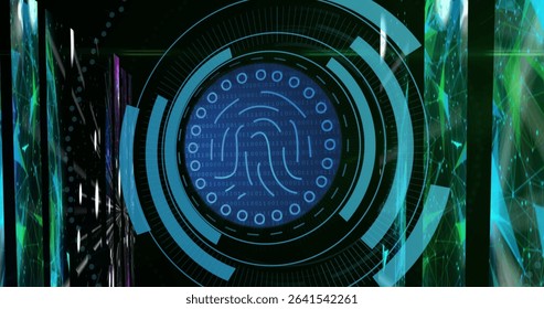 Displaying biometric fingerprint icon over data interface, with binary code and neon mesh panels. Cybersecurity, biometric, futuristic, digital, technology, interface, innovation