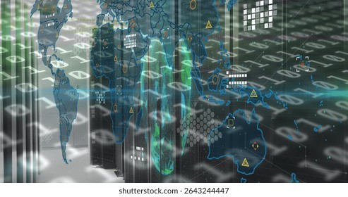 Displaying black server cabinets in high-tech server room, with binary streams and map overlay. Futuristic, digital, network, technology, cyber, data, scientific - Powered by Shutterstock - Get 15% off with code: PIKWIZARD15