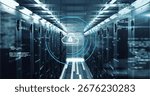 Displaying blue circular overlay with cloud lock icon in data center corridor with server racks. Cybersecurity, cloud, data, network, server, technology, digital