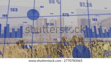 Displaying blue dashboard on multipane glass at meadow, showing charts, percentages, reeds, skyline. Grasses, window, panes, cityscape, gridlines, visualization, cyan