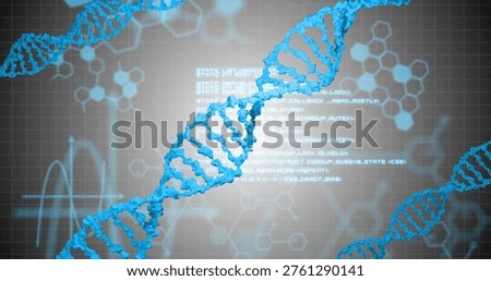 Displaying blue DNA helix rotating across gray grid, showing hexagon motifs, ECG waveform, code. Genomics, bioinformatics, molecular, 3d, neon, glow, dataviz