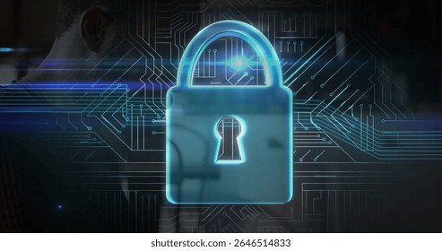 Displaying blue glowing padlock icon in virtual circuit board interface, with dark shirt silhouette. Security, encryption, technology, cybersecurity, protection, digital, innovation - Powered by Shutterstock - Get 15% off with code: PIKWIZARD15
