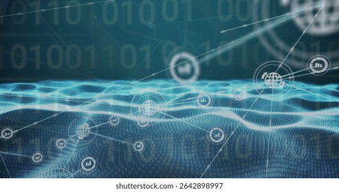 Displaying blue grid streaming in virtual data space, with binary digits overlay, globe chart icons. Technology, innovation, cyberspace, futuristic, connectivity, digital, network