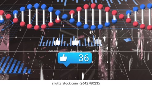 Displaying blue thumbs-up counter showing engagement in analytics grid with DNA helix, bar charts. Data, visualization, futuristic, technology, infographic, interface, digital