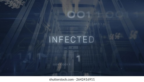 Displaying bold 'INFECTED' text floating through data center corridor, with binary code overlays. Technology, cybersecurity, digital, network, server, data, malware